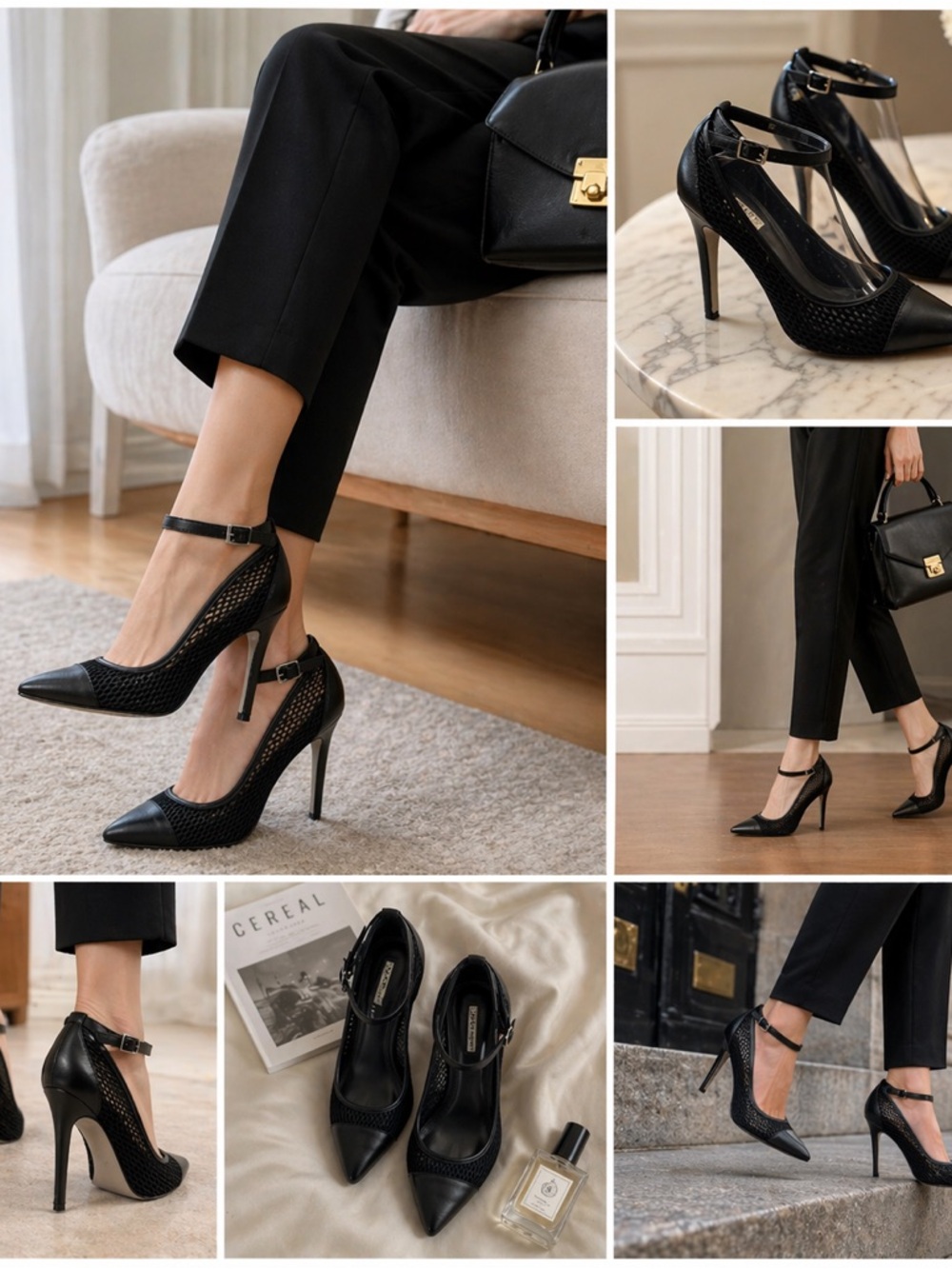 BCBGeneration Heels Women 7.5 Black Mesh Pointed Toe Ankle Strap Stiletto Pumps